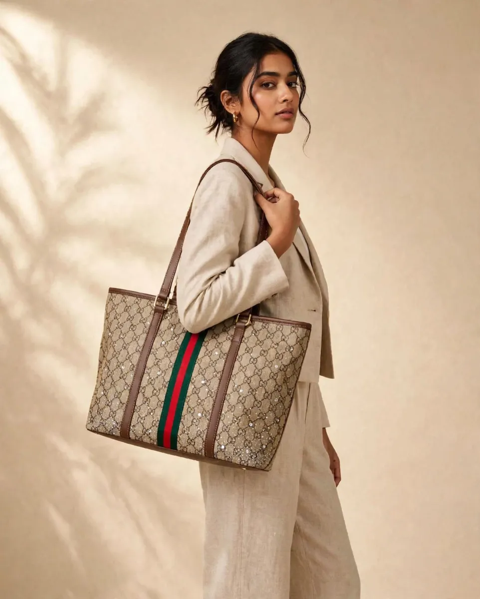 Beige Studded Tote Bag