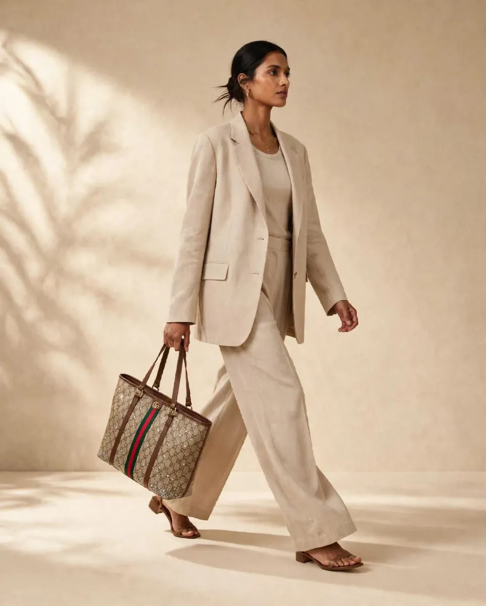 Beige Studded Tote Bag