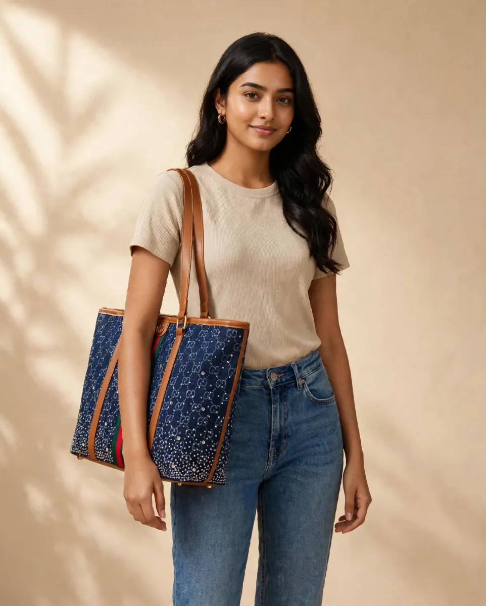 Blue Studded Tote Bag