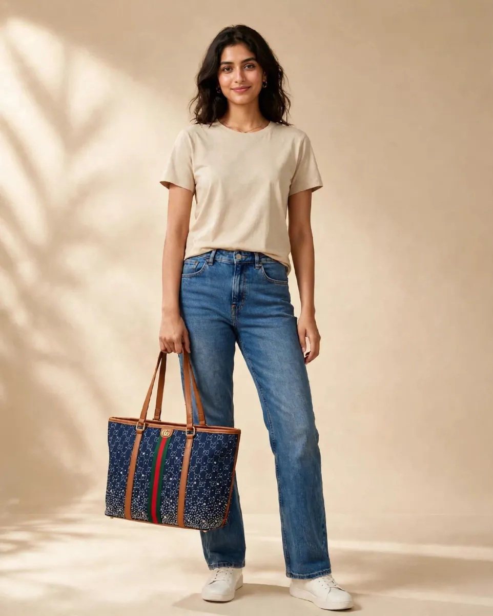 Blue Studded Tote Bag